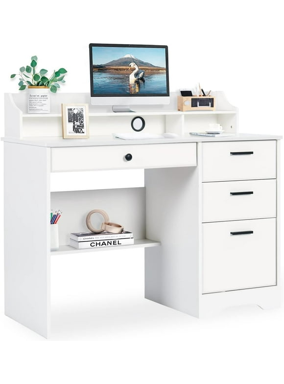 Computer Desk with Drawers, White Home Office Desk with Hutch, PC Desk Writing Table with Storage for Small Spaces, White