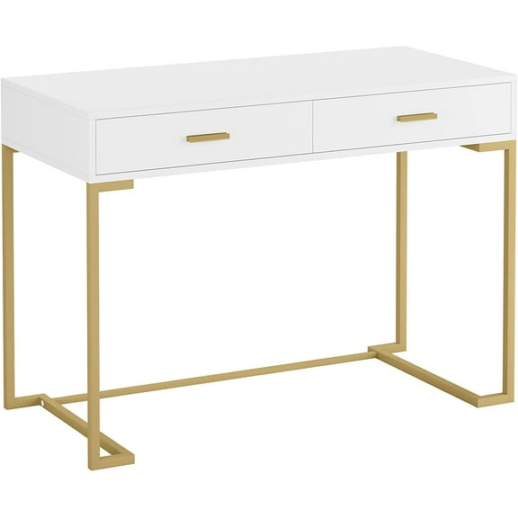 Computer Desk with Drawers, White and Gold Writing Desk Desk with 2 Drawers, Simple and Modern White Desk (White/Gold)