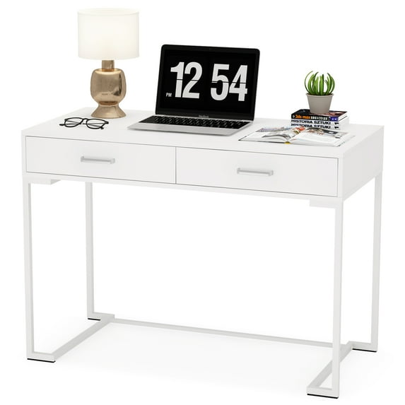 Computer Desk with Drawers, White and Gold Writing Desk Desk with 2 Drawers, Simple and Modern White Desk, White