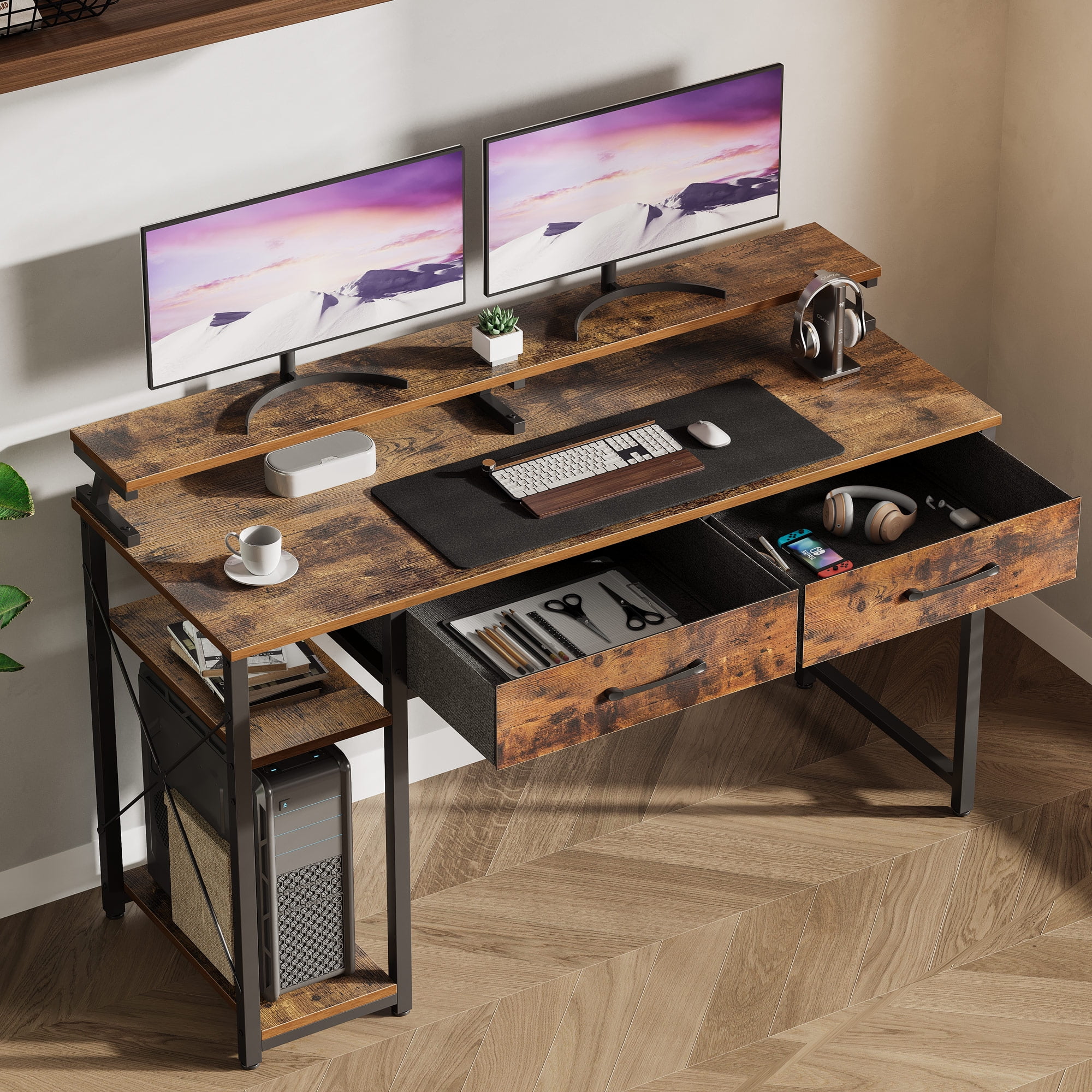 Computer Desk With Drawers And Storage Shelves, 48 Inch Home Office Desk  With Monitor Stand, Work Study Pc Desk For Small Spaces, Rustic Brown -  Walmart.Com