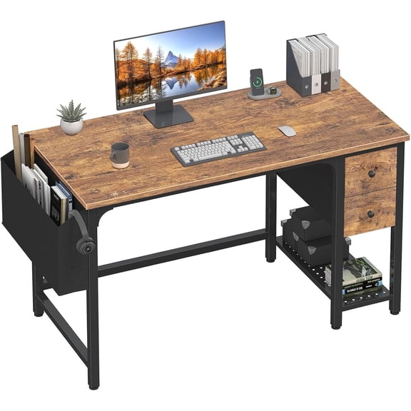 Computer Desk with Fabric Drawers, 47 Inch Desk for Small Space Home Office, Modern Simple Study Writing Table PC Desks for Bedroom, Rustic Brown