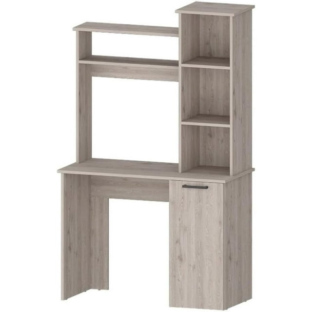 Computer Desk with Hutch, Door and 3-Tier Storage Shelves, Light Gray