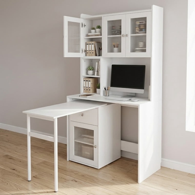 Computer Desk with Hutch and Glass Doors, Office Desk with 90 Degree Rotating Desktop, Writing Table Large Workstation with Bookshelf and 1 Drawer