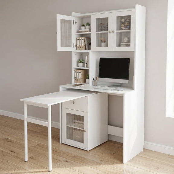 Computer Desk with Hutch and Glass Doors, Office Desk with 90 Degree Rotating Desktop, Writing Table Large Workstation with Bookshelf and 1 Drawer