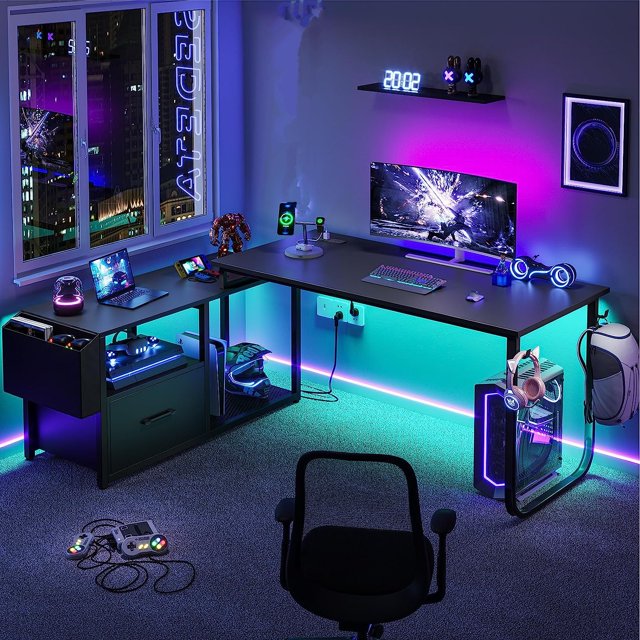 Computer Desk with LED Light & USB Port Power,L Shaped Office Desk with