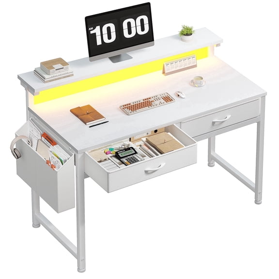 melmine Computer Desk with LED Lights, 2 Fabric Drawers, Adjustable Monitor Stand, 31.5" x 19.5" x 37.8", White Home Office Desk for Small Spaces