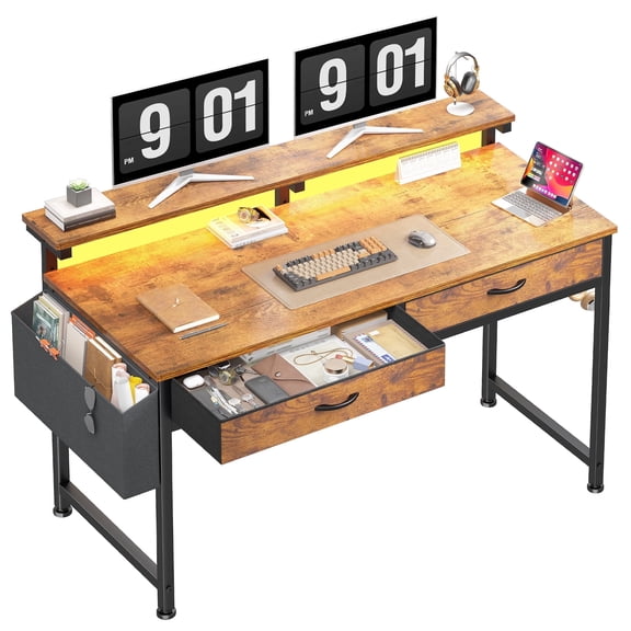 melmine Computer Desk with LED Lights, 2 Fabric Drawers, Adjustable Monitor Stand, Brown, 47.2" x 19.5" x 37.8" Office Desk for Small Spaces