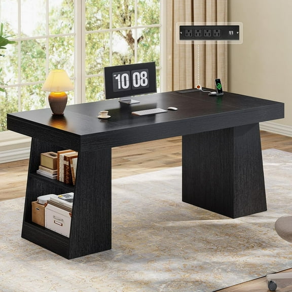 55.9" Executive Desk with Power Outlets, Modern Home Office Desk with Storage Shelves, Computer Desk Conference Table, Black