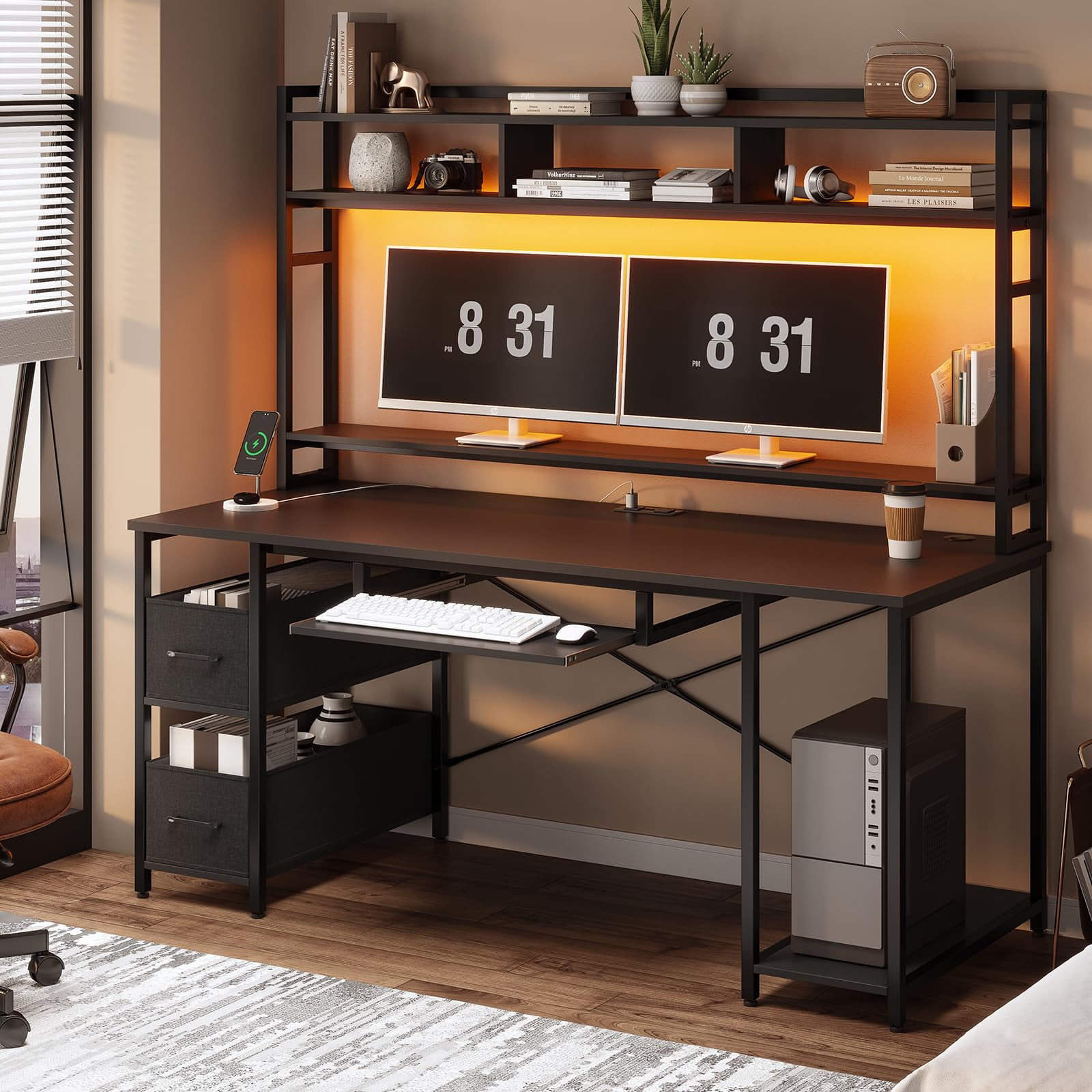 Computer Desk with LED Lights and Hutch 55 Gaming Desk with Drawer Power Outlet Storage Shelves and Monitor Stand Home Office Desk Black