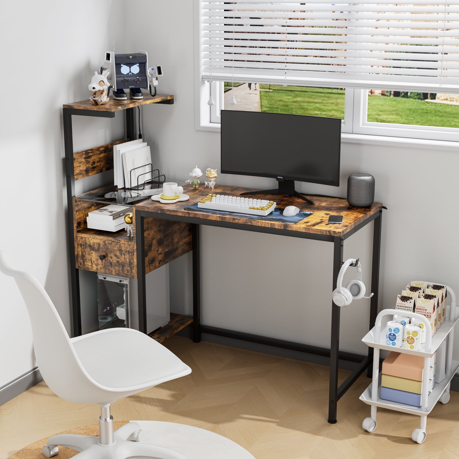 Computer Desk with Power Outlet & Storage Shelves, Adjustable & Versatile Writing Table, for Home Office (Brown)