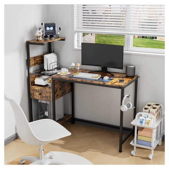 Computer Desk with Power Outlet & Storage Shelves, Study Writing Table with USB Ports Charging Station, PC Desk Workstation for Home Office, Brown