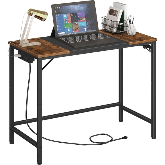 Computer Desk with Power Outlet and 3 Hooks, Rustic Brown and Black, 31.5"W x 15.7"D x 30.3"H