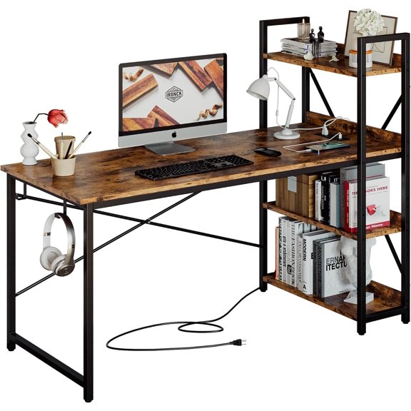 Computer Desk with Power Outlet and Storage Shelves
