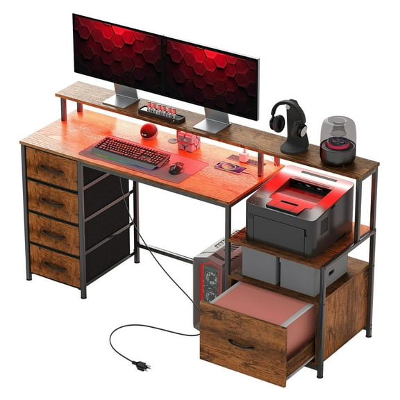 Computer Desk with Power Outlets, 67" Gaming Table with LED Lights & File Cabinet, Rustic Brown