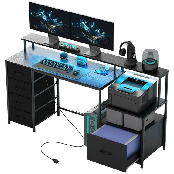 Computer Desk with Power Outlets and LED Lights, 67
