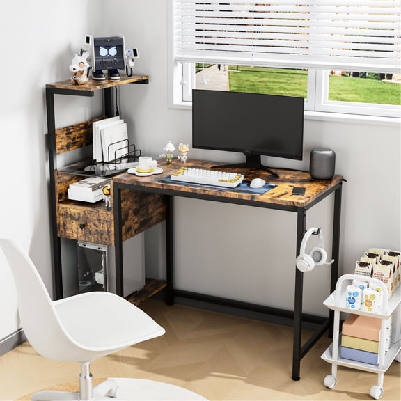 Computer Desk with Power Outlets and Storage Shelves / Keep Devices Charged and Tidy