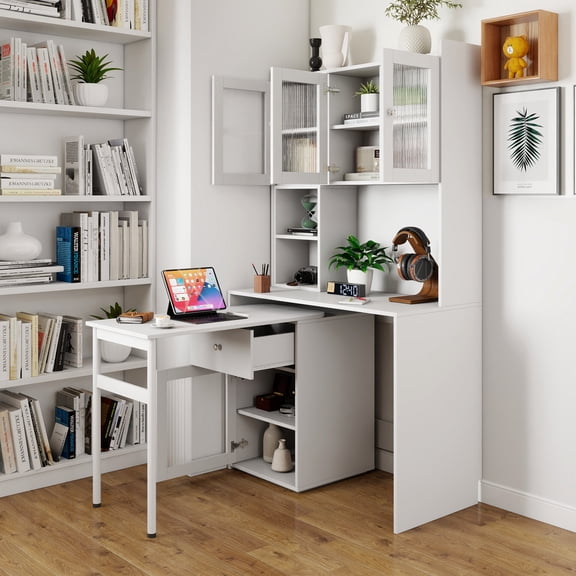 Computer Desk with Rotating Desktop, 90 Degree Swivel Tabletop for Home Office, Large Working Space with Glass Door Storage Cabinets, White