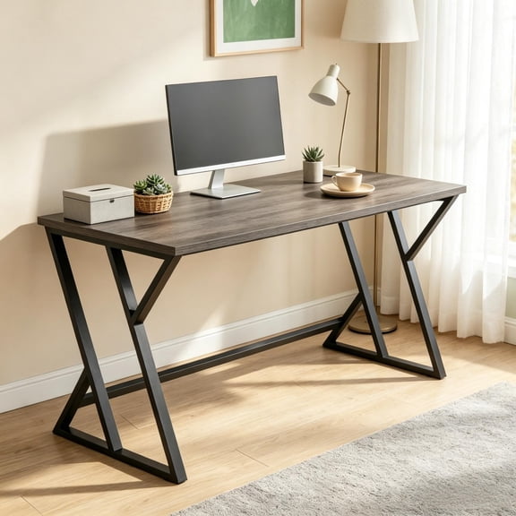 Computer Desk with Rustic Wood Finish, Z-Frame Metal Base, Distressed Gray