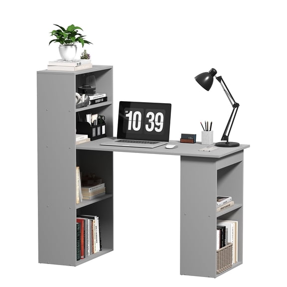 Computer Desk with Storage, 6-Tier Bookshelf Desk, Home Office Writing Workstation, Space Saving Study Table, Gray