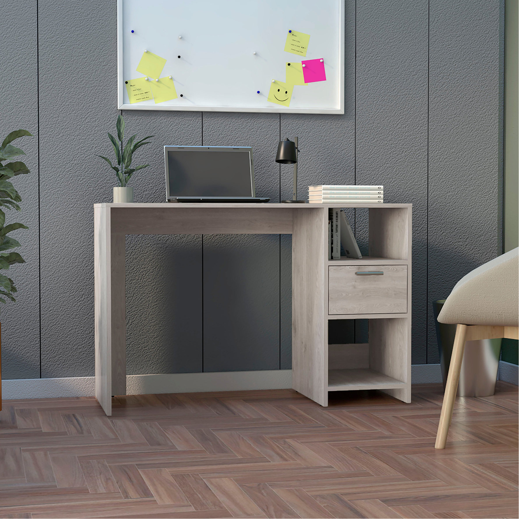 Grey Computer Desk Open Box Light Gray Computer Desk with Drawer | 2 - Open Shelves for Laptop and ...