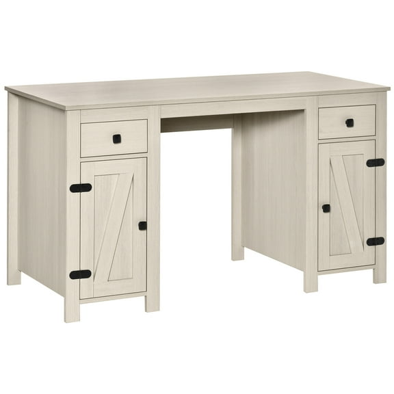Computer Desk with Storage, Home Office Desk with 2 Drawers and 2 Cabinets, Cream White