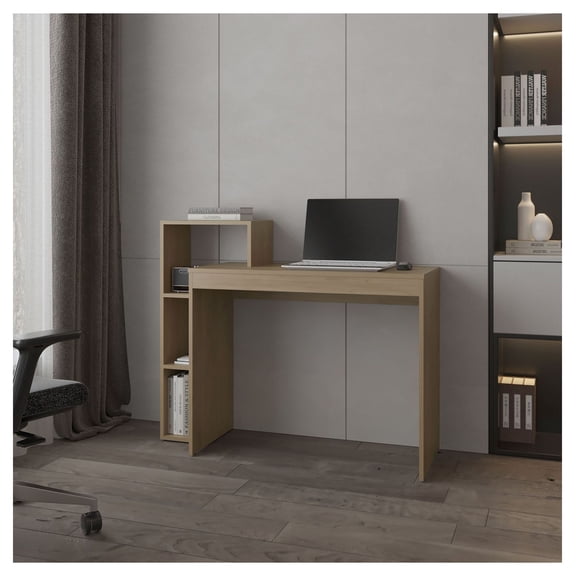 Computer Desk with Storage, Natural Oak - 43.3" Wide Home Office Desk with Shelves, Melamine Particle Board Study Desk for Small Space