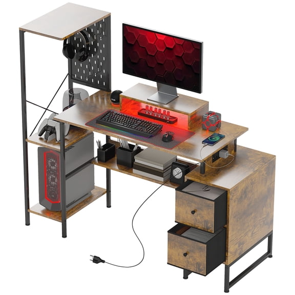 Computer Desk with Storage, Power Outlets, USB & USB-C Ports, LED Lights, Monitor Shelf, 2 Drawers, Rustic Brown