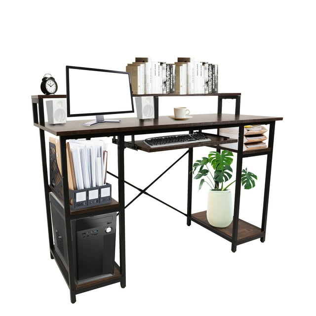 Computer Desk with Storage Shelves, Keyboard Tray, Monitor Stand for ...