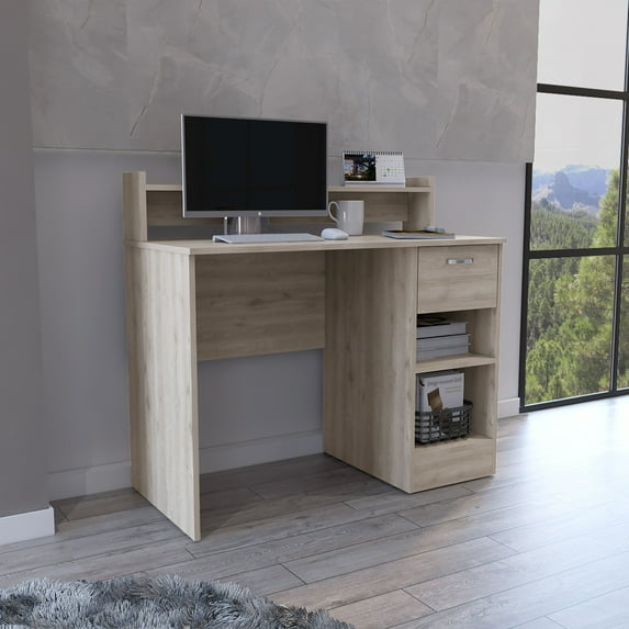 Computer Desk with Top Open Shelf, 1-Drawer and 2-Storage Shelves, Light Gray