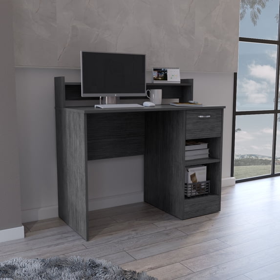 Computer Desk with Top Open Shelf, 1-Drawer and 2-Storage Shelves, Smokey Oak