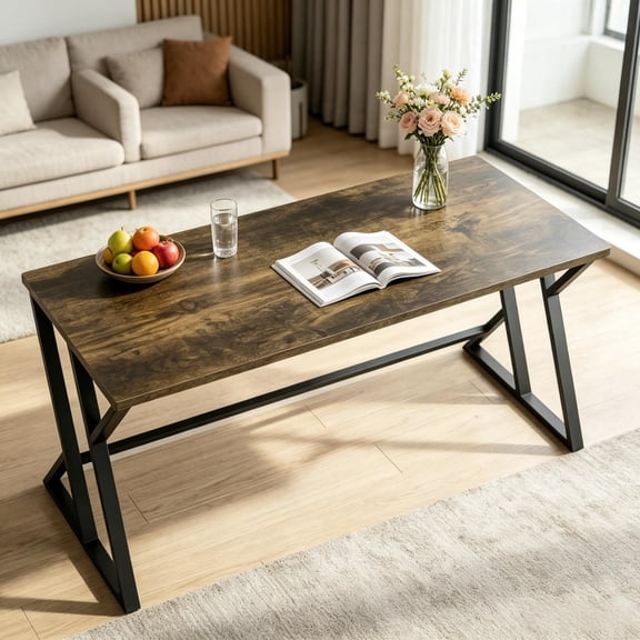 Computer Desk with Z-Frame Metal Base, Rustic Brown & Black