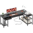 thumbnail image 1 of Amadwell 55 Inch L Shaped Office Desk with 3 Fabric Drawers, Reversible Computer Gaming Desk, Power Outlets and Mesh Shelves, Corner working Study Desk, Black, 1 of 9