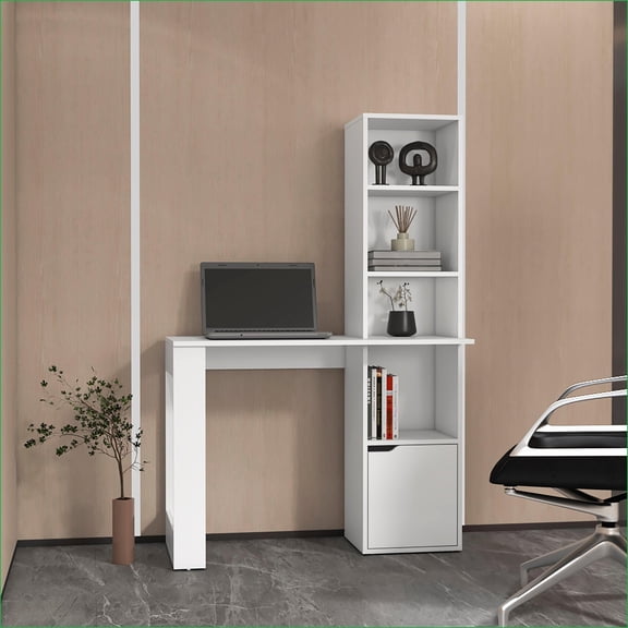 Desks, White Engineered Wood Computer Desk with 4-Tier Bookcase & 1-Door Cabinet | Transitional | Space-Saving