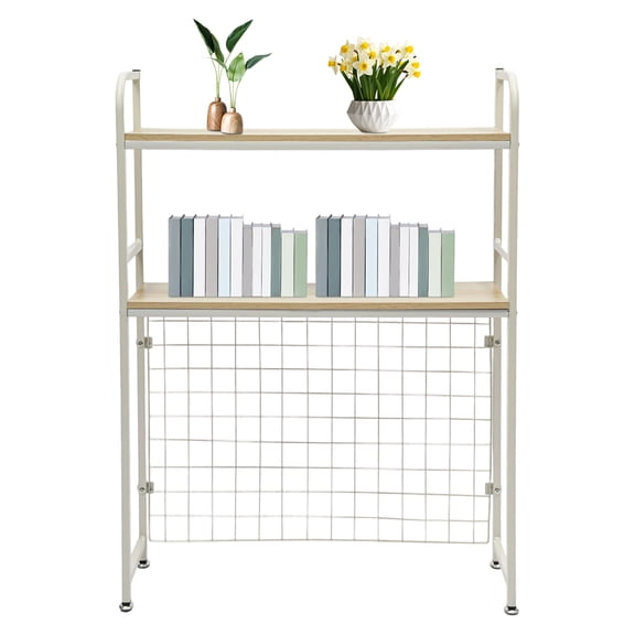 Computer Desktop Bookcase,2-Tier Countertop Bookshelf Metal Storage Shelf with Grid and Hooks Display Organizer for Home Dorm Office