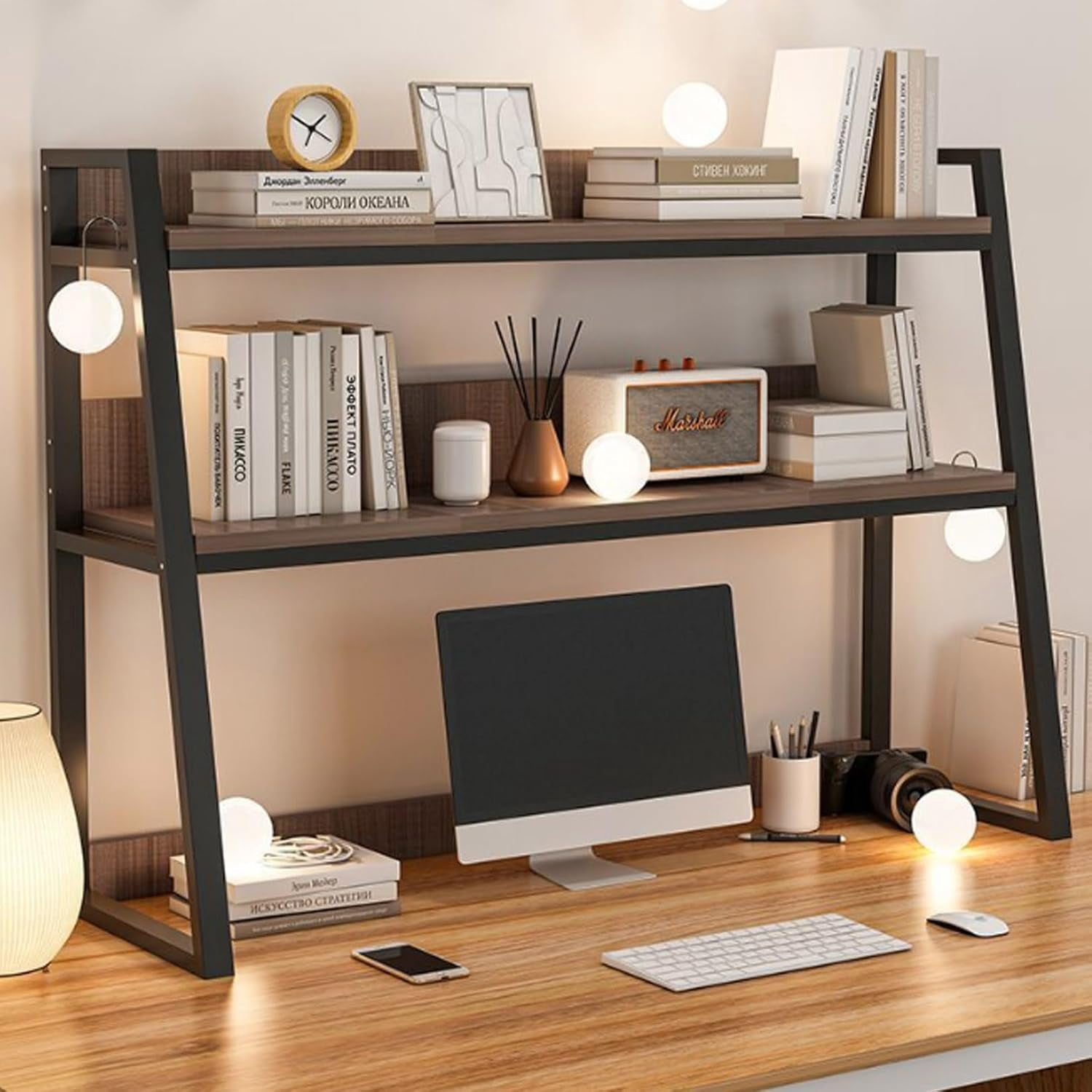 Computer Desktop Bookcase 2-Tier Multipurpose Countertop Storage Hutch ...