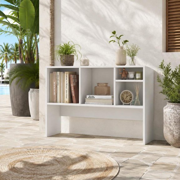 Computer Desktop Bookcase, white, 4 cubbies, open back compartment, anti-tipping device, non-slip pads
