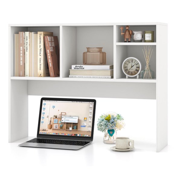 Computer Desktop Bookcase, white, with 4 cubbies, open back compartment, anti-tipping device, non-slip pads