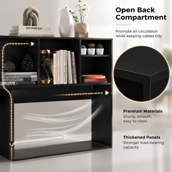 Computer Desktop Bookcase with 4 Cubbies, Open Back Compartment, Anti-Tipping Device, Black