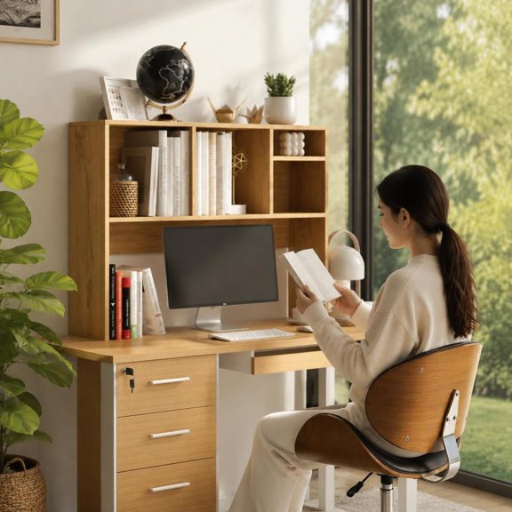 Computer Desktop Bookcase, with 4 Cubbies, Open Back Compartment, and Anti-Tipping Device