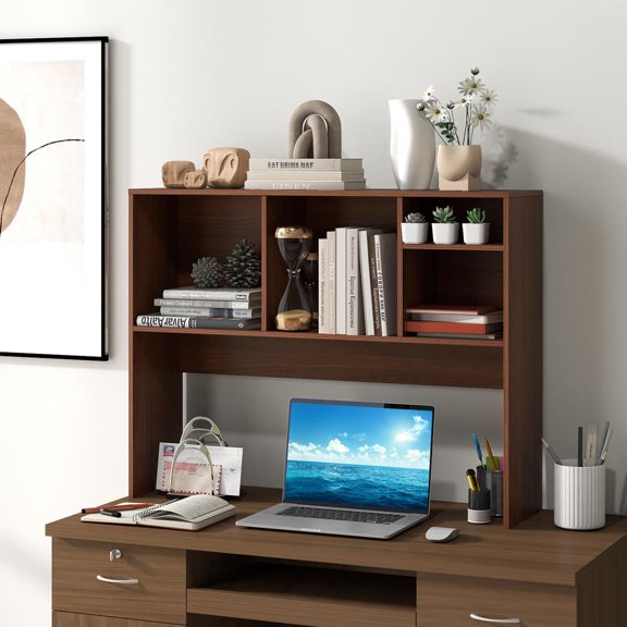 Computer Desktop Bookcase with 4 Cubbies, Open Back Compartment, and Walnut Finish