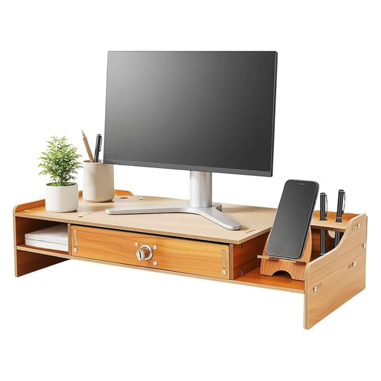 Computer Desktop Monitor Stand, Wood Computer Desk Organizer with ...