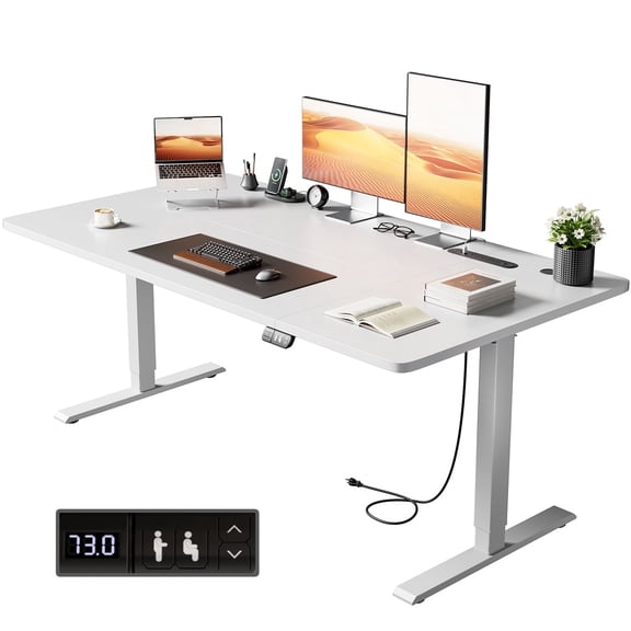 HLDIRECT 63" x 31.5" Electric Standing Desk with Outlets, Sit Stand Up Desk, Adjustable Height Home Office Desk with 2 Preset Heights for Work Study, White