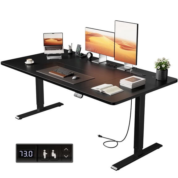 HLDIRECT 63" x 31.5" Electric Standing Desk with Outlets, Sit Stand Up Desk, Adjustable Height Home Office Desk with 2 Preset Heights for Work Study, Black