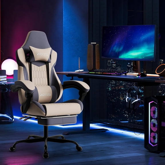 Computer Gaming Chair with Footrest, High Back Gaming Chairs PVC Leather Ergonomic Gamer Chair with Adjustable Headrest Lumbar Support Racing Style Video Gaming Chair for Office/Home (BlueBeige)