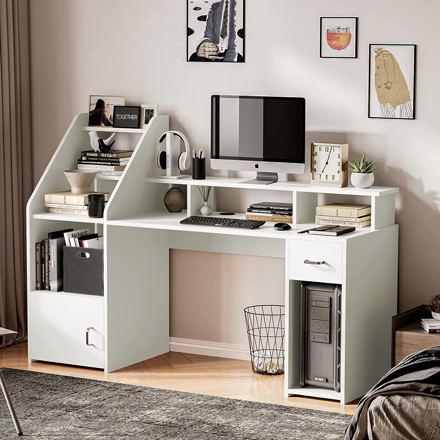 Computer Gaming Desk 64.5 inch Workstation with Hutch and Storage