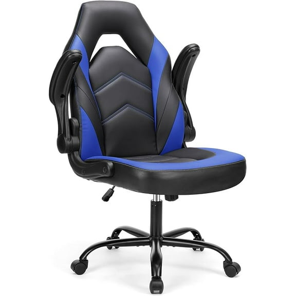 MY Computer Gaming Desk Chair - Ergonomic Office Executive Adjustable Swivel Task PU Leather Racing Chair with Flip-up Armrest for Adults, Kids, Men, Girls, Gamer, Black Blue