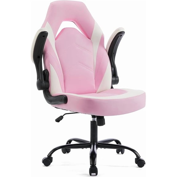 A pink ergonomic gaming desk chair with PU leather upholstery. Features flip-up armrests, adjustable height, and a swivel base. Designed for executive office or gaming use with a racing-style aesthet