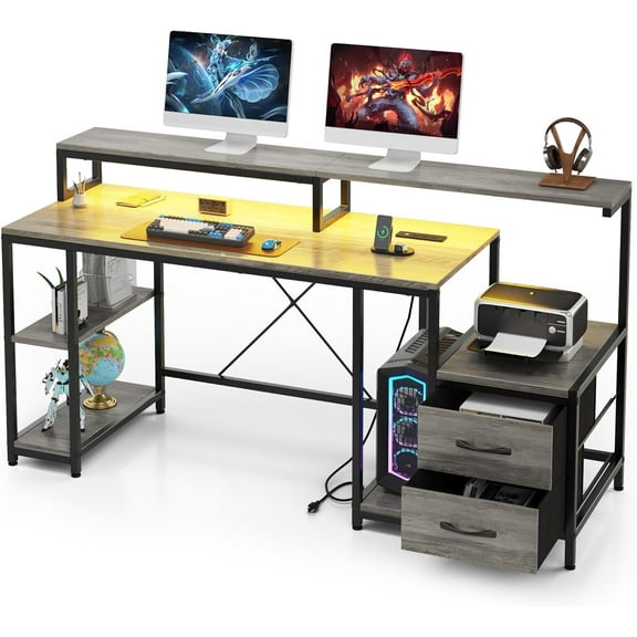 Computer Gaming Desk with File Drawers, 63'' Home Office Desk with Power Outlets & LED Light, Printer Space, Monitor Stand, and Storage Shelves, Ideal for Work Game Study
