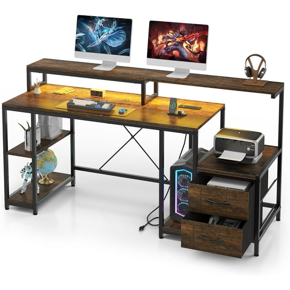 Computer Gaming Desk with File Drawers, 63'' Home Office Desk with Power Outlets & LED Light, Printer Space, Monitor Stand, and Storage Shelves, Ideal for Work Game Study