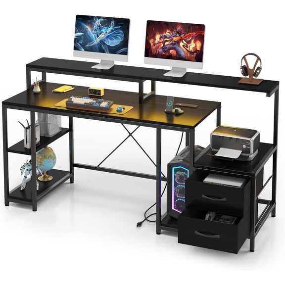 Computer Gaming Desk with File Drawers, 63'' Home Office Desk with Power Outlets & LED Light, Printer Space, Monitor Stand, and Storage Shelves, Ideal for Work Game Study